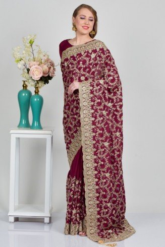 Plum Embroidered Crepe Indian Wedding Saree