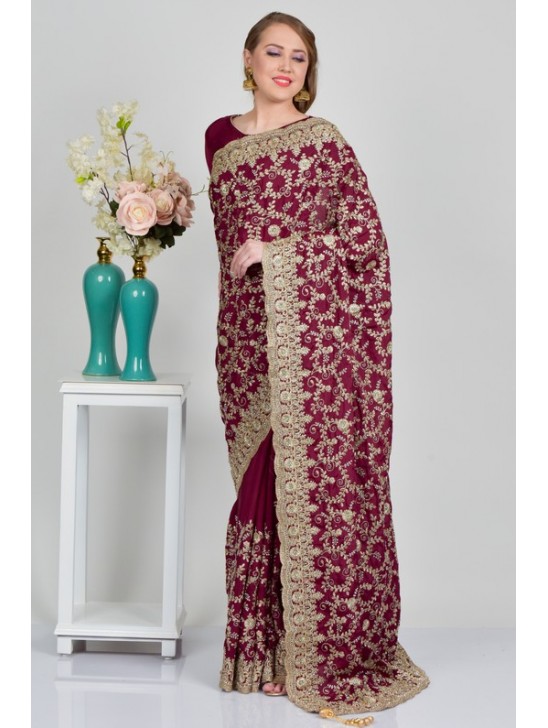 Plum Embroidered Crepe Indian Wedding Saree