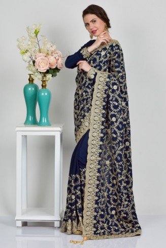 Navy Blue Embroidered Ethnic Readymade Saree