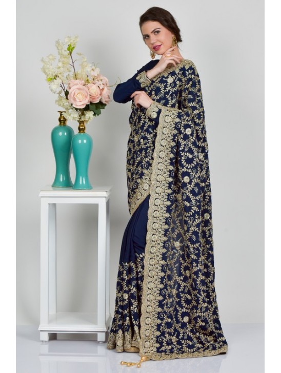 Navy Blue Embroidered Ethnic Readymade Saree