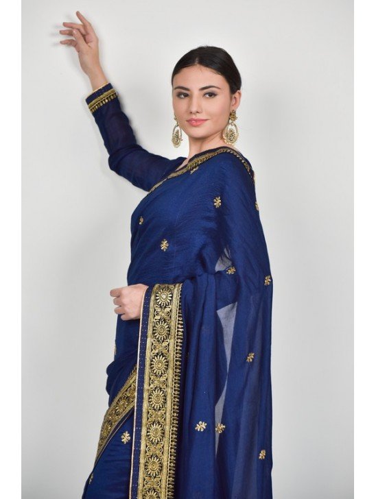 Navy Blue Stitched Wedding Evening Saree