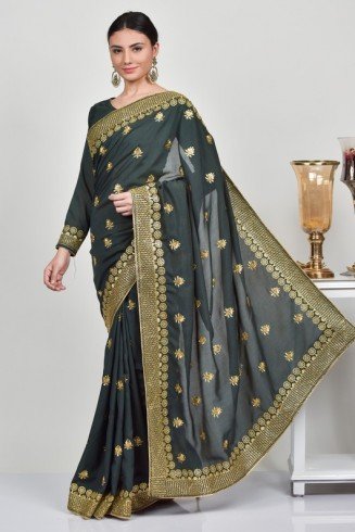 Dark Grey Party Wear Indian Designer Saree