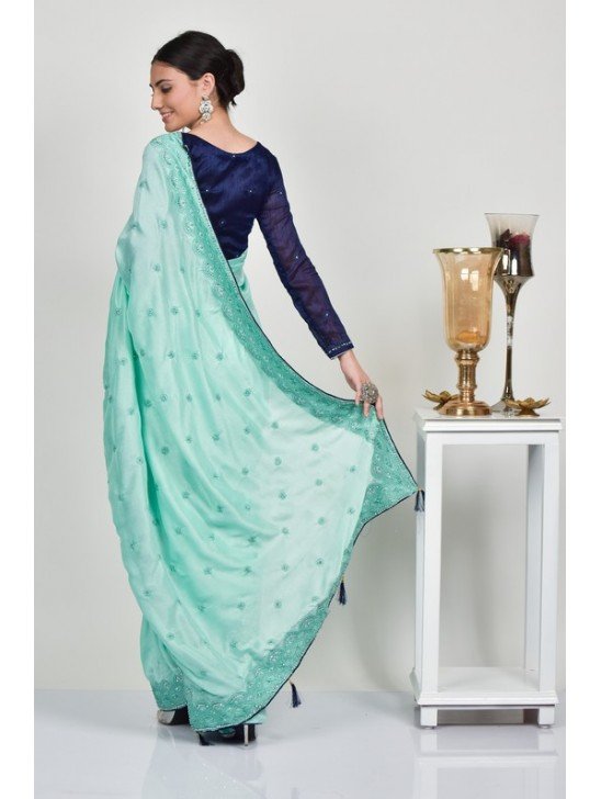 Mint & Navy Blue Pakistani Designer Saree