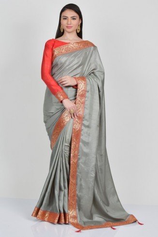 Grey & Orange Indian Wedding Wear Saree
