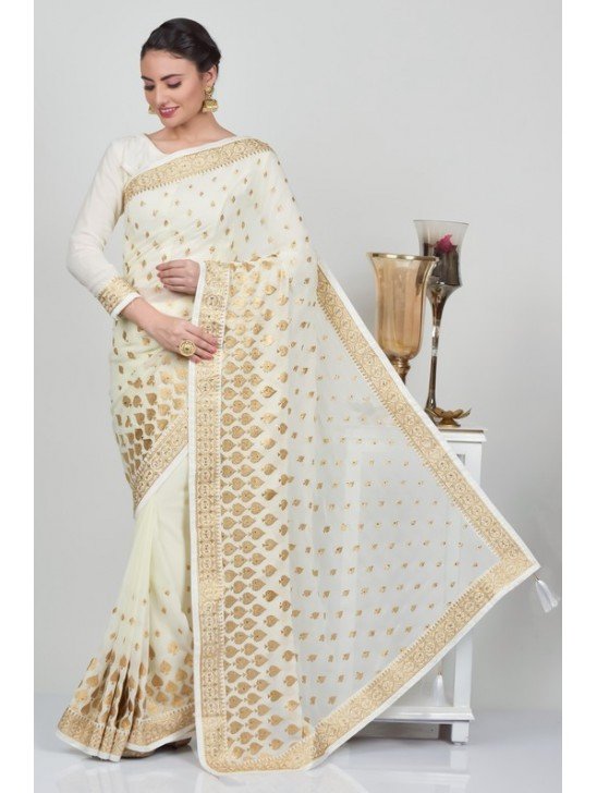 Ivory Georgette Embellished Indian Wedding Saree