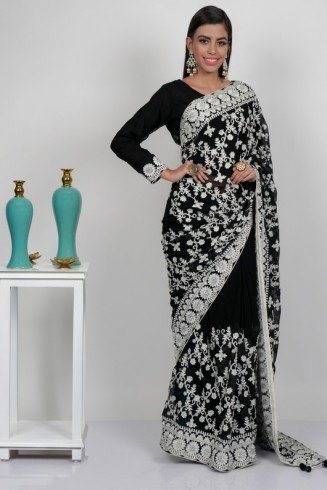 Black & White Embroidered Evening Saree