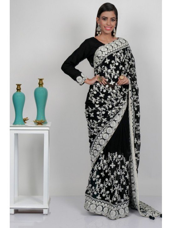 Black & White Embroidered Evening Saree