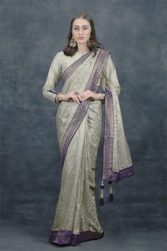Grey Brocade Style Indian Designer Saree