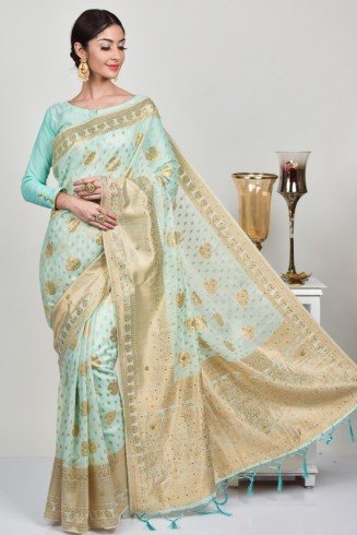 Mint Linen Heavy Embellished Wedding Saree