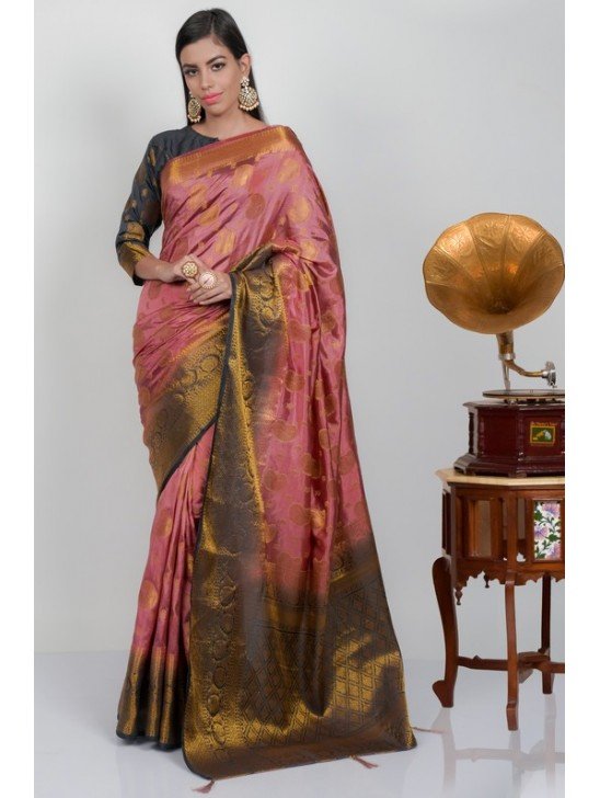 Rose Pink Art Silk Banarasi Saree with Blouse