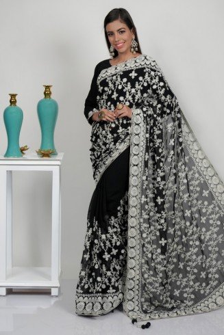 Black & White Embroidered Evening Saree