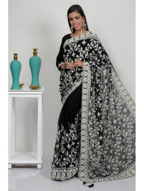 Black & White Embroidered Evening Saree