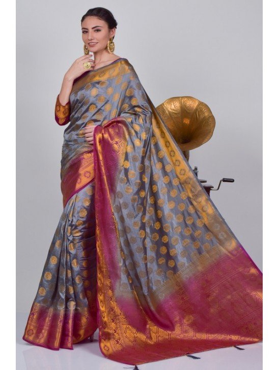 Grey & Magenta Indian Banarasi Silk Saree