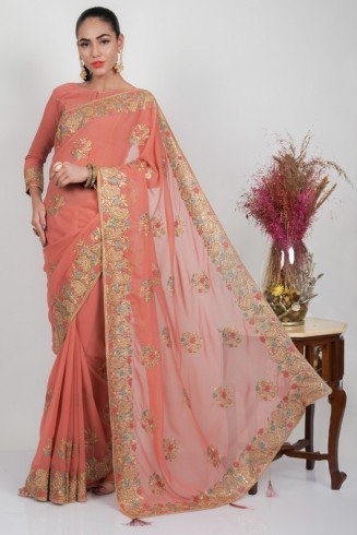 Rose Pink Embroidered Georgette Pakistani Designer Saree