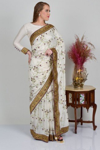 Off White Embroidered Traditional Designer Saree