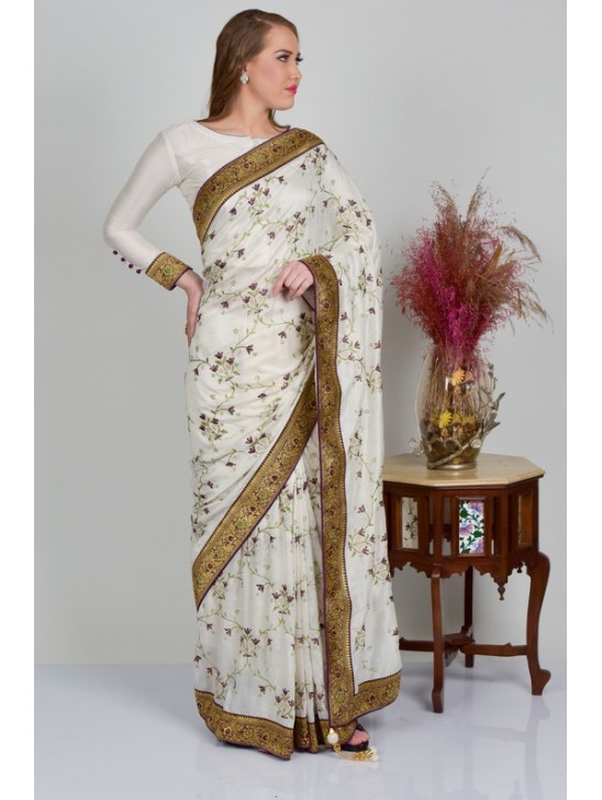 Off White Embroidered Traditional Designer Saree