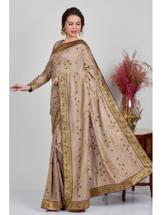 Mouse Brown Embroidered Indian Saree