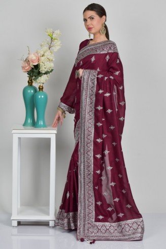 Plum Embellished Party Evening Saree