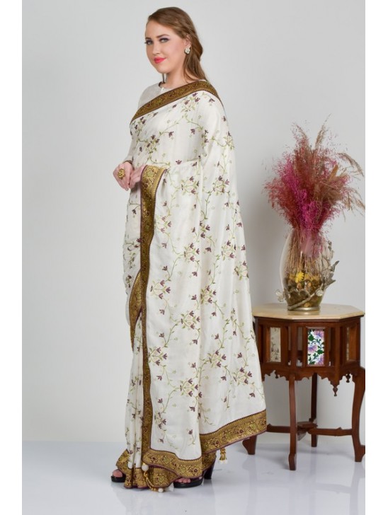 Off White Embroidered Traditional Designer Saree