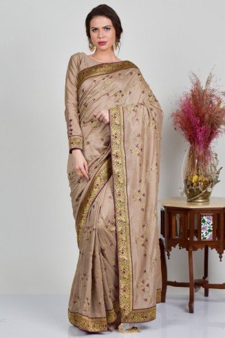 Mouse Brown Embroidered Indian Saree