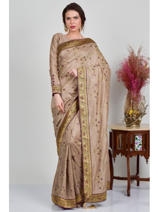 Mouse Brown Embroidered Indian Saree