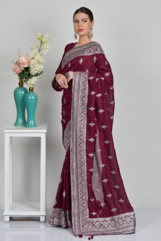 Plum Embellished Party Evening Saree