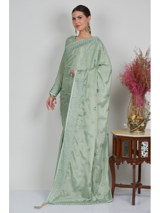 Light Mint Embroidered Indian Saree