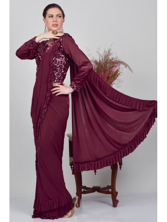 Dark Maroon Pakistani Designer Evening Wear Saree