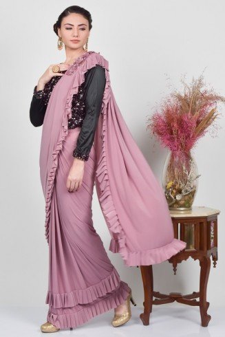 Black & Onion Lycra Frilled Readymade Saree