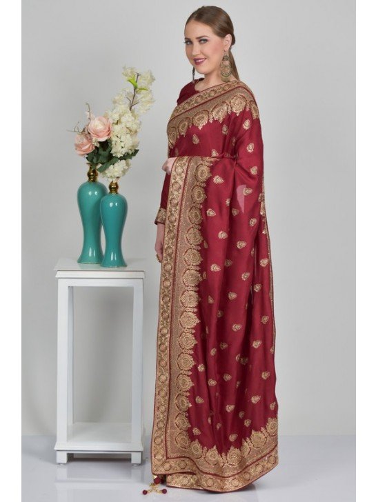 Maroon Brocade Embroidered Indian Wedding Saree