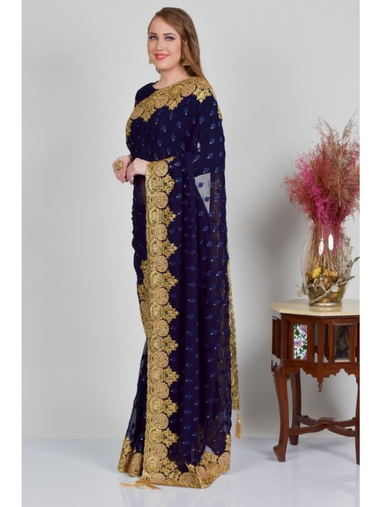 Navy Blue Embroidered Georgette Designer Saree