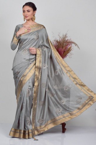 Grey Stitched Blouse Party Saree