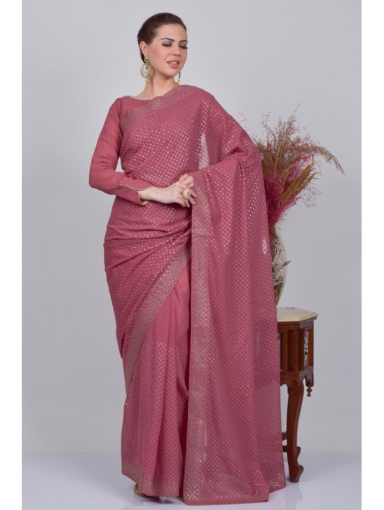 Rose Pink Georgette Indian Party Saree