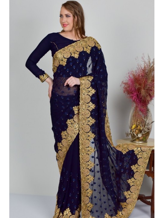 Navy Blue Embroidered Georgette Designer Saree