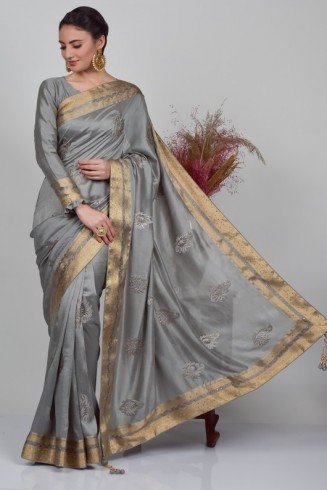 Grey Stitched Blouse Party Saree