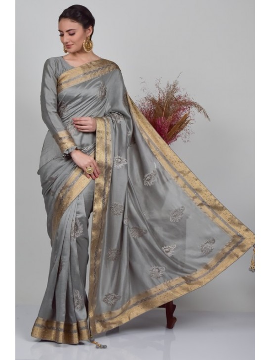 Grey Stitched Blouse Party Saree