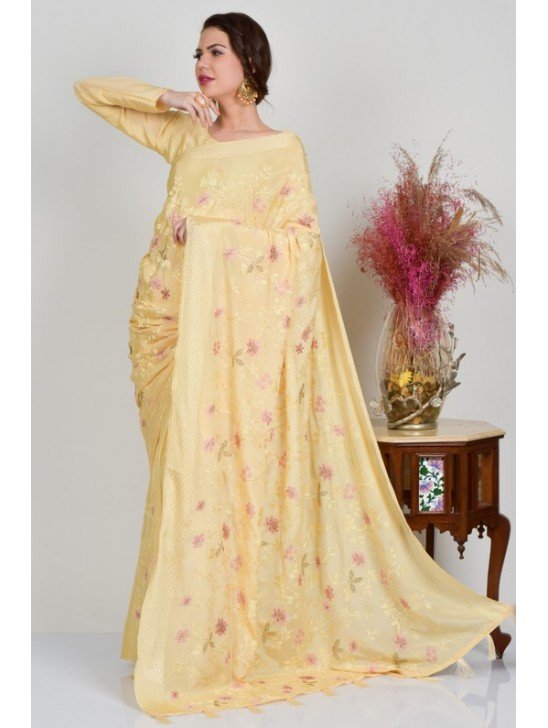 Lemon Yellow Embroidered Festive Summer Saree