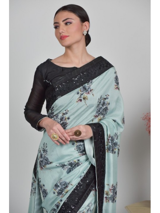 Black & Mint Printed Summer Saree