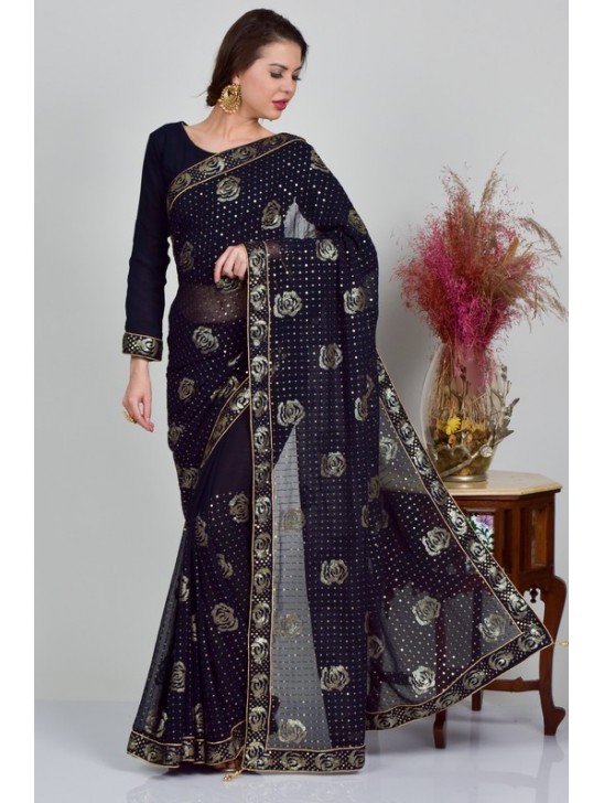 Midnight Blue Shimmering Evening Saree