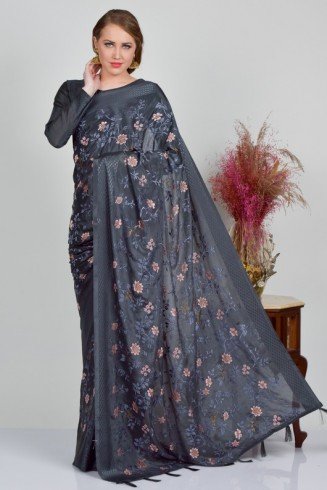 Grey Indian Embroidered Party Wear Saree