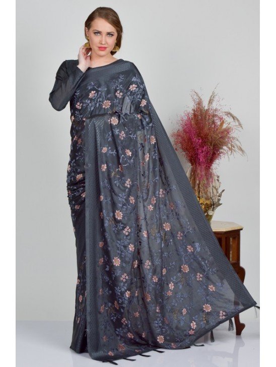 Grey Indian Embroidered Party Wear Saree