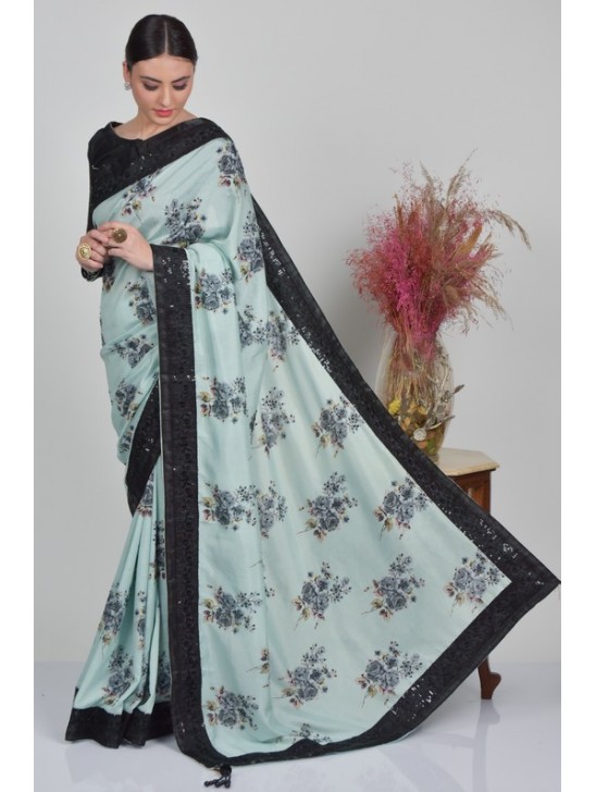 Black & Mint Printed Summer Saree