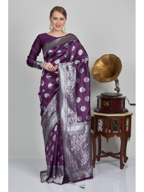 Purple & Grey Indian Brocade Style Readymade Saree