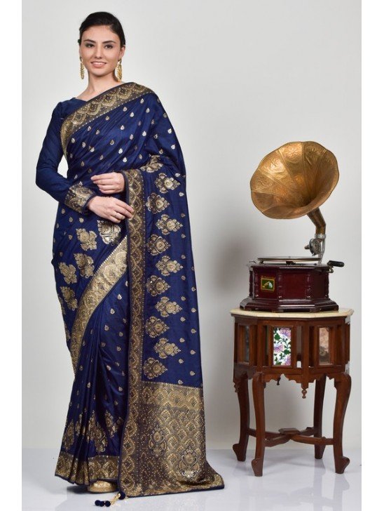 Navy Blue Brocade Indian Party Wear Saree