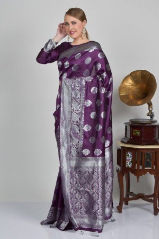 Purple & Grey Indian Brocade Style Readymade Saree