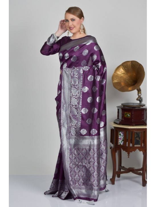 Purple & Grey Indian Brocade Style Readymade Saree