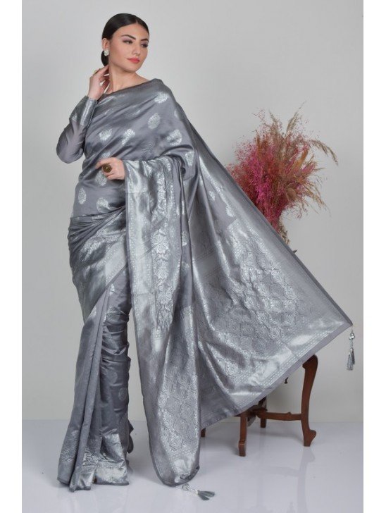 Grey Banarasi Party Wear Designer Saree