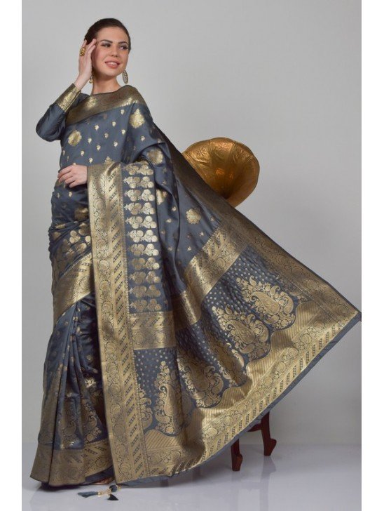 Grey Indian Banarasi Designer Saree