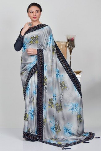 Grey & Navy Blue Digital Printed Saree