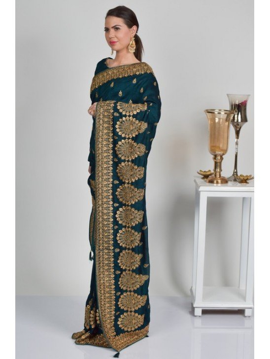 Peacock Blue Pakistani Designer Embroidered Saree